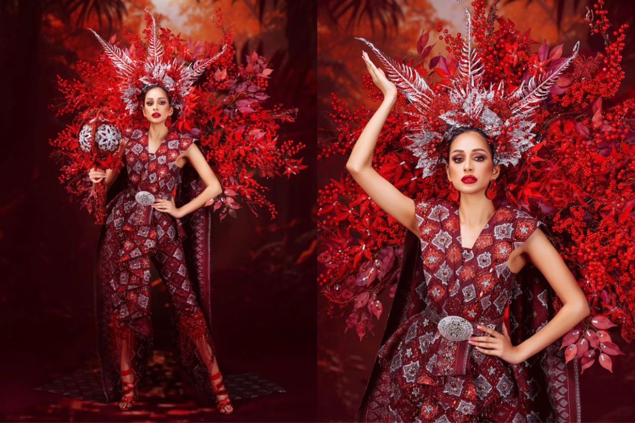 Manvin Khera in the Malaysian national costume, the Goddess of the Red Forest, for the national costume round at Miss Globe 2023