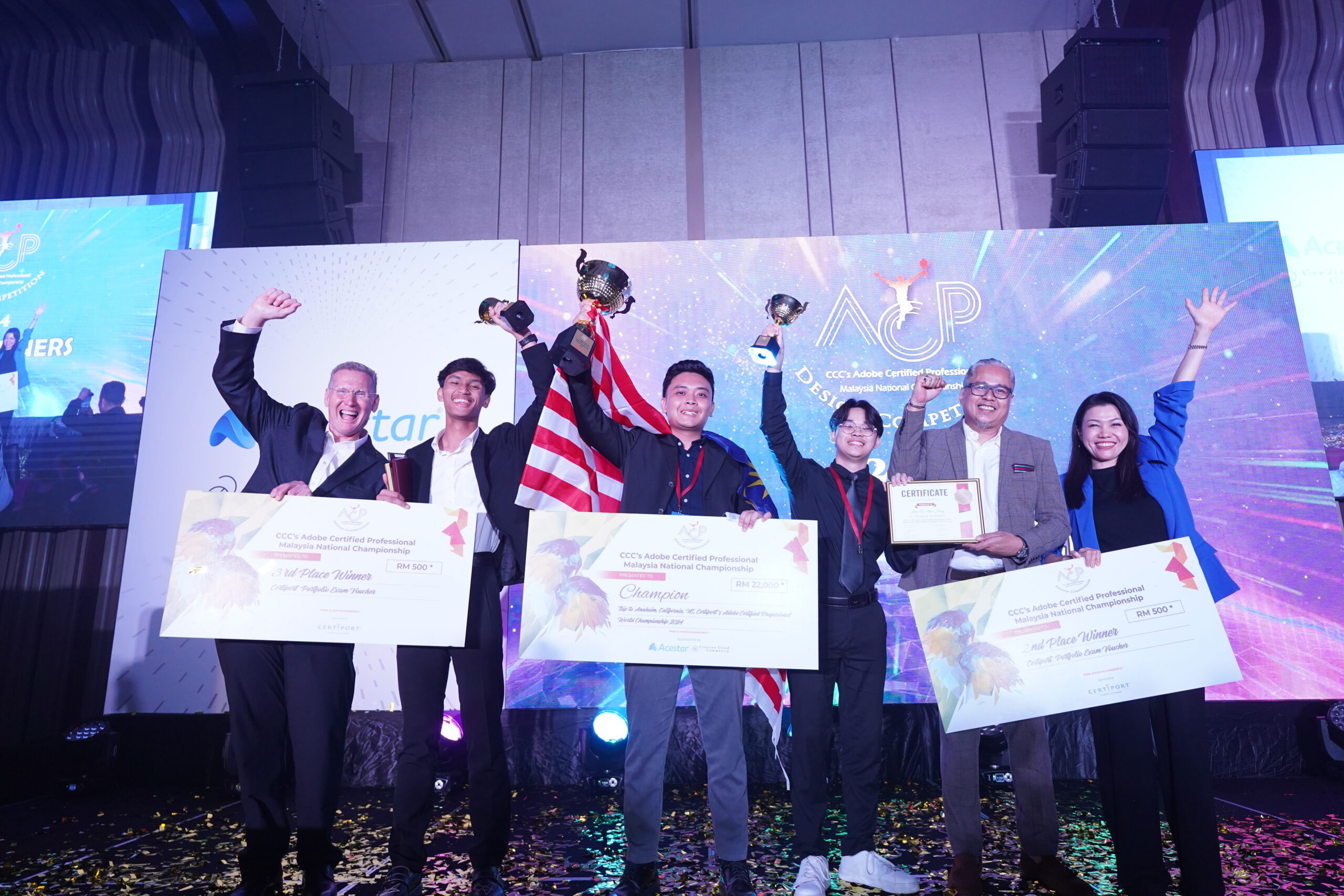 Muhammad Salman, celebrating his win alongside (from left) Lewis, second runner-up Izzul Zafran Abd Razak from Politeknik Muadzam Shah, first runner-up Alan Tan Khee Sheng from Universiti Pendidikan Sultan Idris, Saeful Fadhly, and Sit